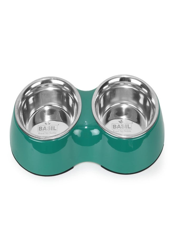 BASIL Double Dinner Set Stainless Steel Food Water Feeding Bowls (Melamine Bowls Green Color & Size: Small (400Ml)) For Pets, Dogs, Cats, Puppy - 25 X 13 X 5 Cm - Image 2
