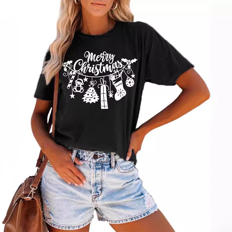 Merry Christmas Printed T-Shirt Christmas Theme Short Sleeve Top - Image 1