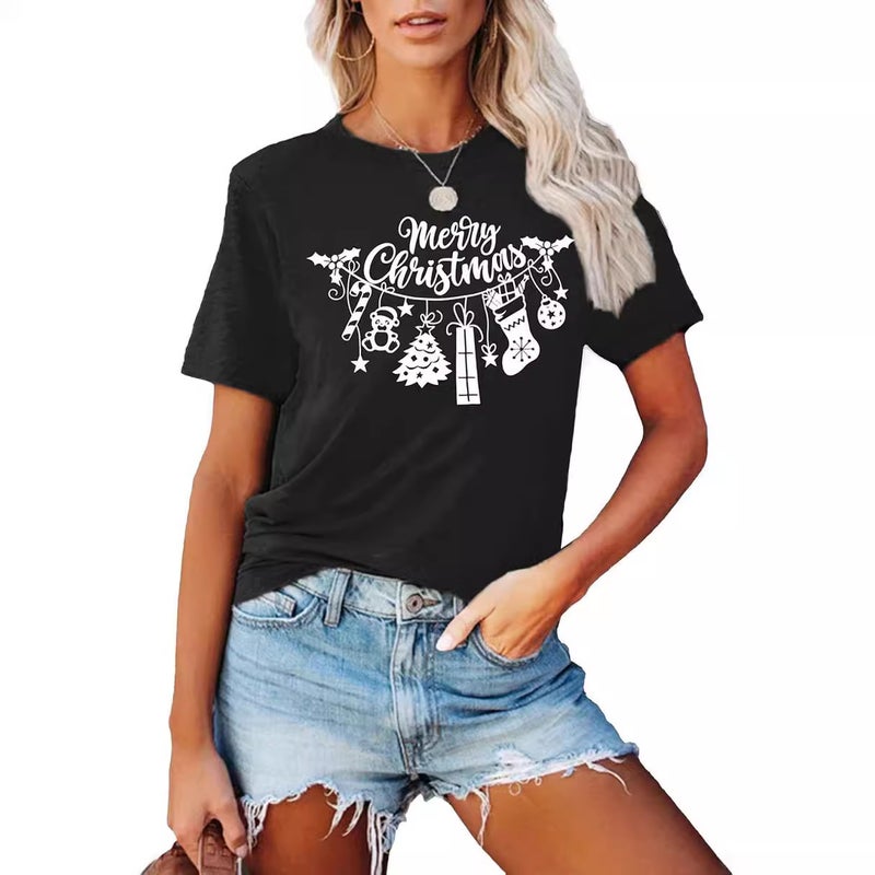 Merry Christmas Printed T-Shirt Christmas Theme Short Sleeve Top - Image 4