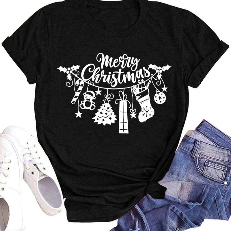 Merry Christmas Printed T-Shirt Christmas Theme Short Sleeve Top - Image 2