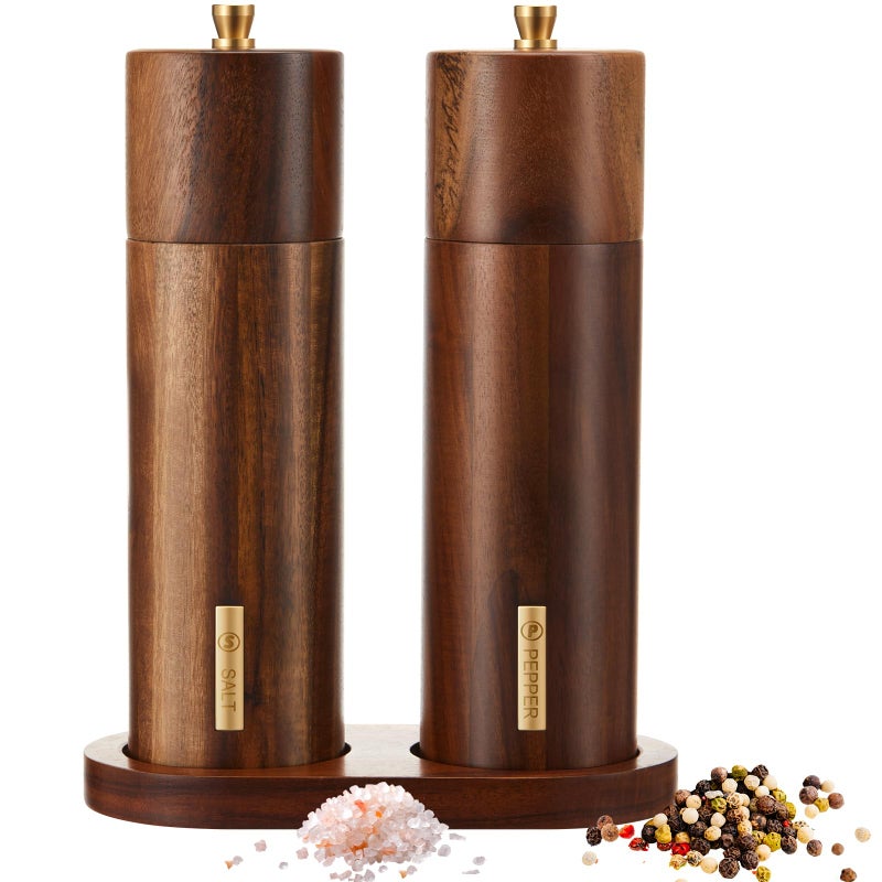 LOYIM Wooden Salt and Pepper Grinder Set 8 Inch Manual Salt and Pepper Mill with Tray Adjustable Coarseness Refillable Wood Grinders with Gold Bottle Label for Kitchen Christmas Home Gift(Wood Color) - Image 1