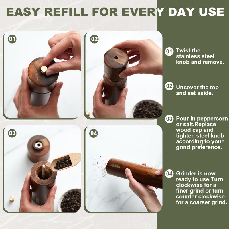 LOYIM Wooden Salt and Pepper Grinder Set 8 Inch Manual Salt and Pepper Mill with Tray Adjustable Coarseness Refillable Wood Grinders with Gold Bottle Label for Kitchen Christmas Home Gift(Wood Color) - Image 5