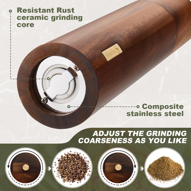LOYIM Wooden Salt and Pepper Grinder Set 8 Inch Manual Salt and Pepper Mill with Tray Adjustable Coarseness Refillable Wood Grinders with Gold Bottle Label for Kitchen Christmas Home Gift(Wood Color) - Image 4