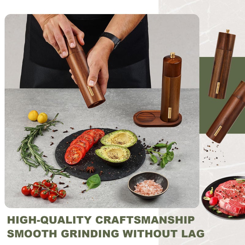 LOYIM Wooden Salt and Pepper Grinder Set 8 Inch Manual Salt and Pepper Mill with Tray Adjustable Coarseness Refillable Wood Grinders with Gold Bottle Label for Kitchen Christmas Home Gift(Wood Color) - Image 3