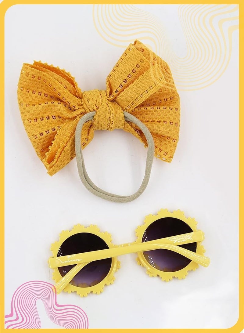 Infant Girl Sun Protection Accessories Set, Stretch Bow Headband, Daisy Sunglasses, Summer Outdoor Gift for Baby Girls (Yellow) - Image 4
