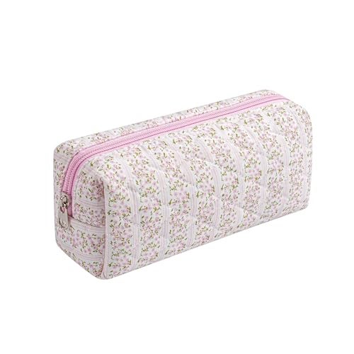 WHHJM Cute Floral Makeup Brush Bag Small Cotton Quilted Cosmetic Bag for Women Travel Toiletry Zipper Make Up Pouch (Pink Floral) - Image 1
