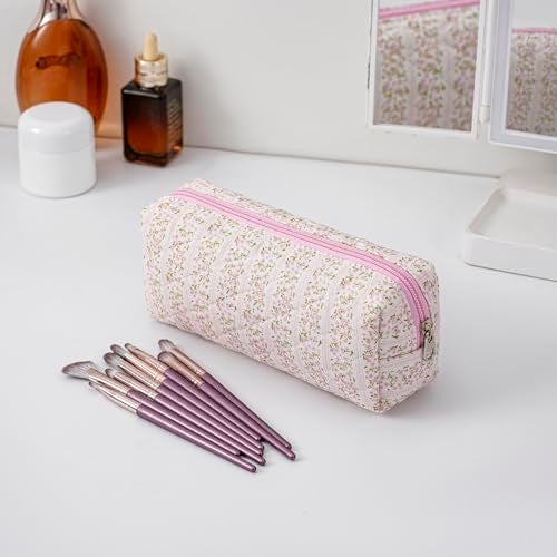 WHHJM Cute Floral Makeup Brush Bag Small Cotton Quilted Cosmetic Bag for Women Travel Toiletry Zipper Make Up Pouch (Pink Floral) - Image 3