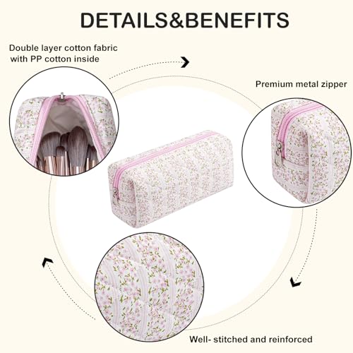 WHHJM Cute Floral Makeup Brush Bag Small Cotton Quilted Cosmetic Bag for Women Travel Toiletry Zipper Make Up Pouch (Pink Floral) - Image 4