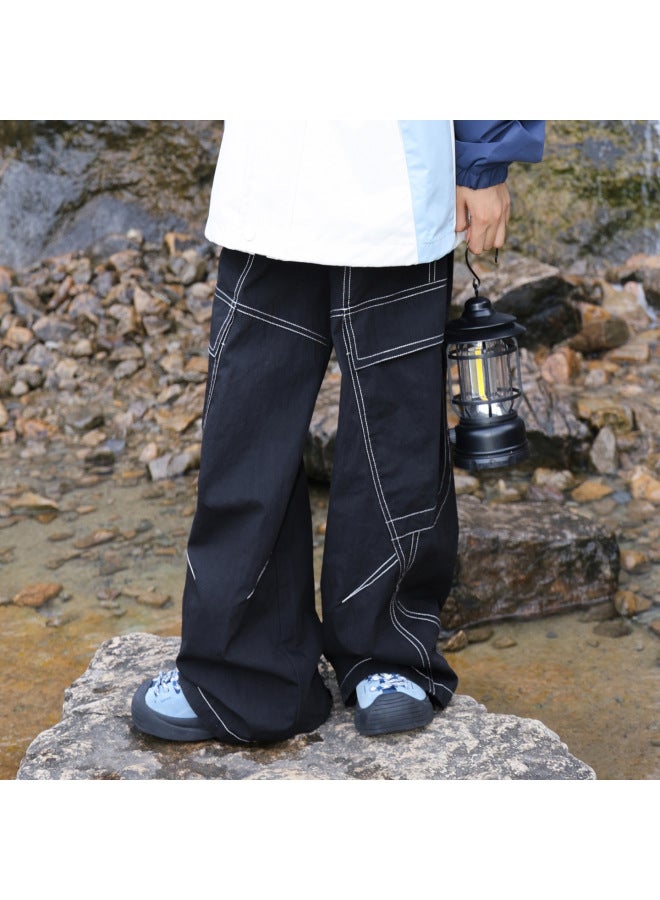Boys' Spring Black Straight-leg Cargo Pants  New Style Youth Children's Wide-leg Loose Street Dance Pants