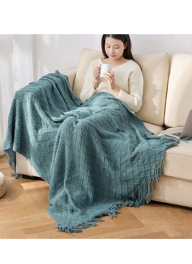 Knitted Throw Blankets, tassel sofa cover blanket, geometric pattern air conditioning blanket, portable and soft, suitable for beds, sofas, travel, camping, 130 * 170cm,green