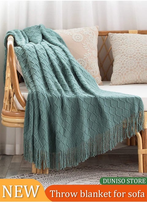 Knitted Throw Blankets, tassel sofa cover blanket, geometric pattern air conditioning blanket, portable and soft, suitable for beds, sofas, travel, camping, 130 * 170cm,green