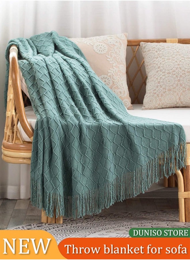 DUNISO Knitted Throw Blankets, tassel sofa cover blanket, geometric pattern air conditioning blanket, portable and soft, suitable for beds, sofas, travel, camping, 130 * 170cm,green  - Image 1