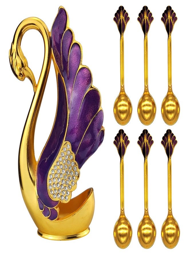 Flylin Swan Base Holder with 6pcs Coffee Dessert Dinner Spoon Set, Metal Coffee Spoon Organizer Teaspoon Fruit Dessert Flatware Sugar Ice Cream Spoons (Purple) - Image 1