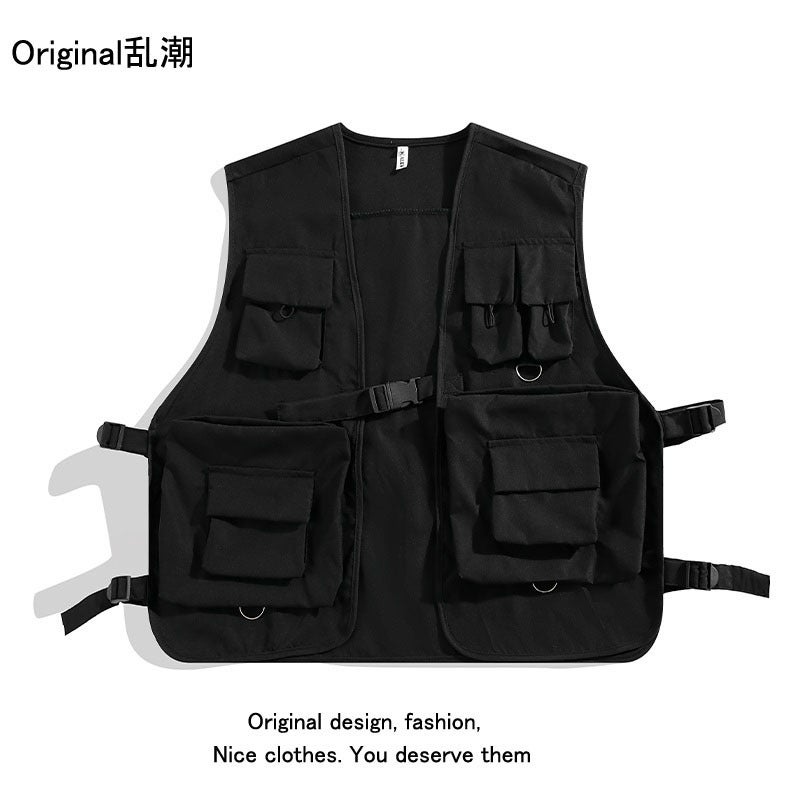 Japanese Style Trendy Brand Ins Rap Function Tactical Vest Multi-Pocket Workwear Vest Waistcoat Pink Jacket for Men and Women black