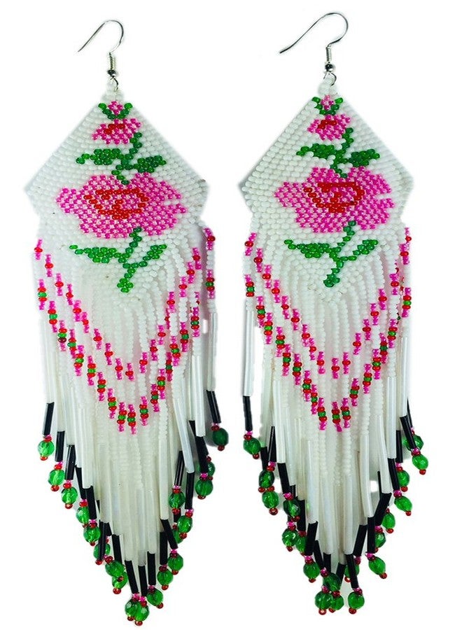 BeadsCorner Glass Beaded Extra Long Earrings Rose Design (White) - Image 1