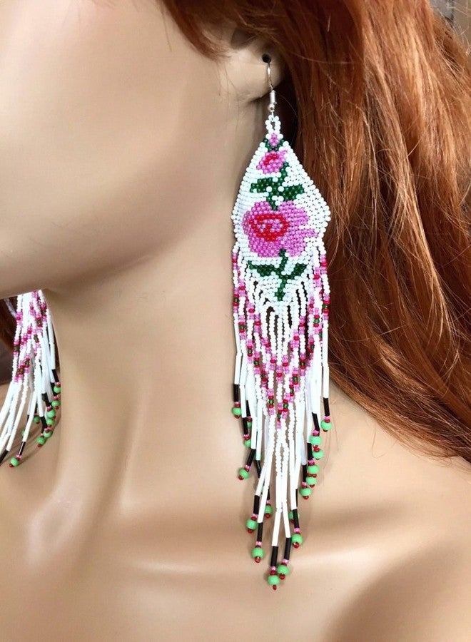 BeadsCorner Glass Beaded Extra Long Earrings Rose Design (White) - Image 2