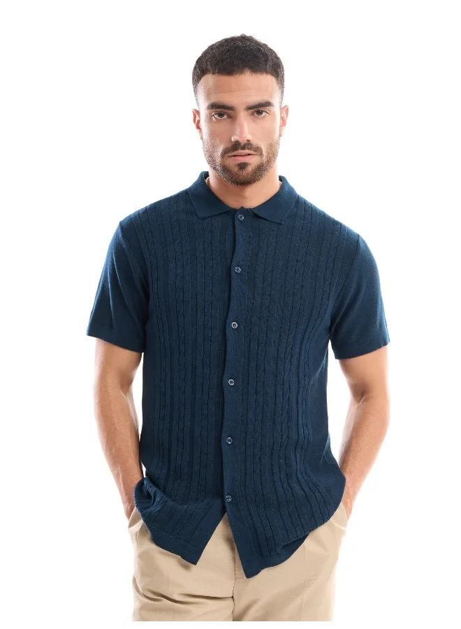 Beyoung Half Sleeve Regular Dark Blue Knitted Shirt for Men