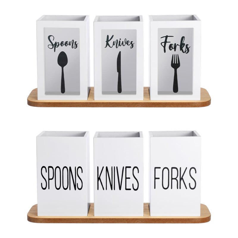 Gejoy Clear Acrylic Silverware Cutlery Caddy Utensil Holder with Wood Tray Spoon Fork Knives Flatware Dispenser for Kitchen Table Countertop Silverware Storage OrganizerWhite