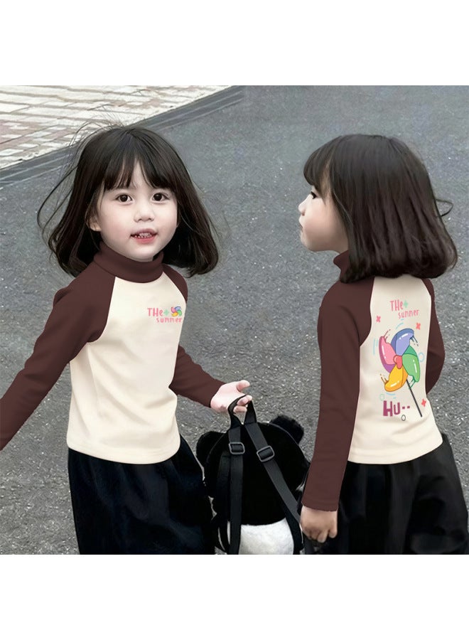 Girls' Thermal Base Layer Top Autumn And Winternew Style For Older Children, Half Turtleneck, Warm Inner Layer, Color-blocking Long Sleeves
