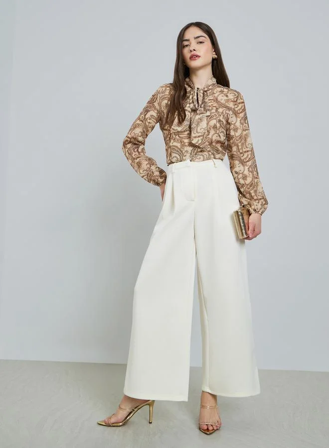 Styli Cream Pleated Wide Leg Trousers