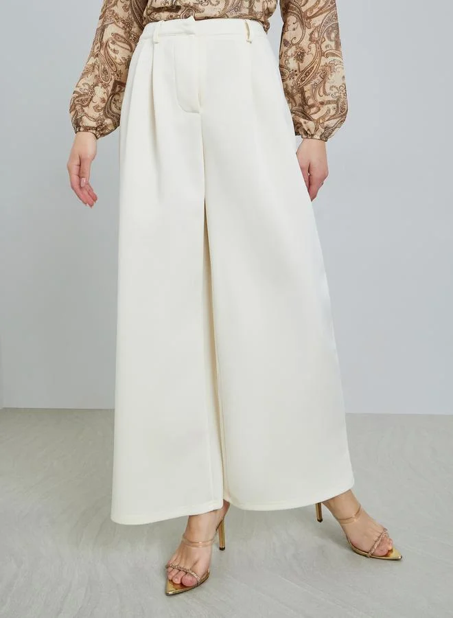 Styli Cream Pleated Wide Leg Trousers