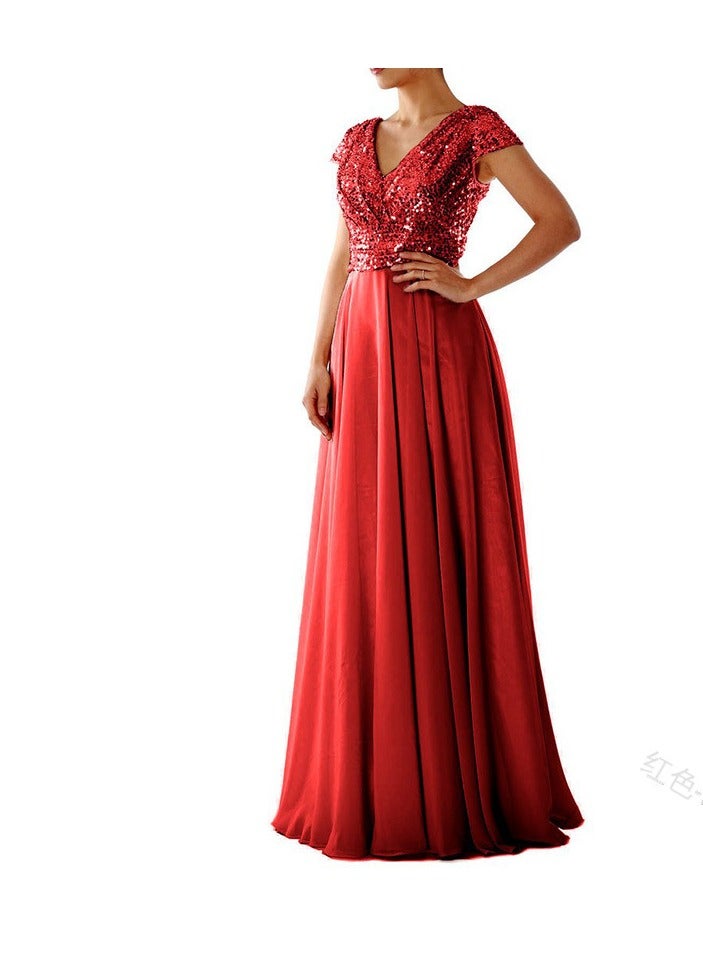 NIBEMINENT Sleeveless Dress V-neck Sequined Elegant Chiffon Patchwork Evening Dress For Women - Image 1