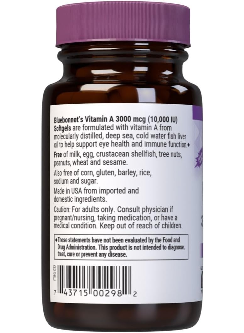 Bluebonnet Vitamin A 10,000 IU for Eye & Immune Health - 100 Softgels - Image 3