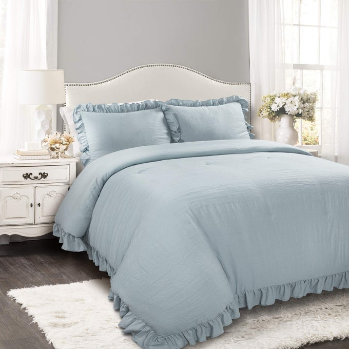 REYNA RUFFLE COMFORTER SET 3 PIECE COZY RUFFLED BEDDING SET TIMELESS ELEGANCE AND COMFORT FOR DORM ROOM FULL QUEEN LAKE BLUE