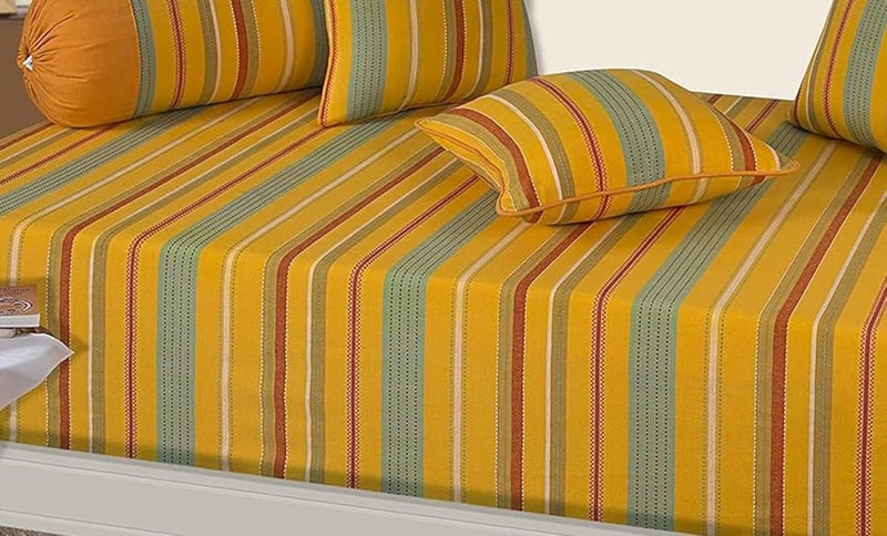 SHADES OF LIFE SHADES OF LIFE Cotton Yellow Bliss Designer Diwan Set with 1 Bedsheet 3 Cushion Covers and 2 Bolsters Covers for Living Room 60 90 Inch Yellow 6 Pieces  - Image 4