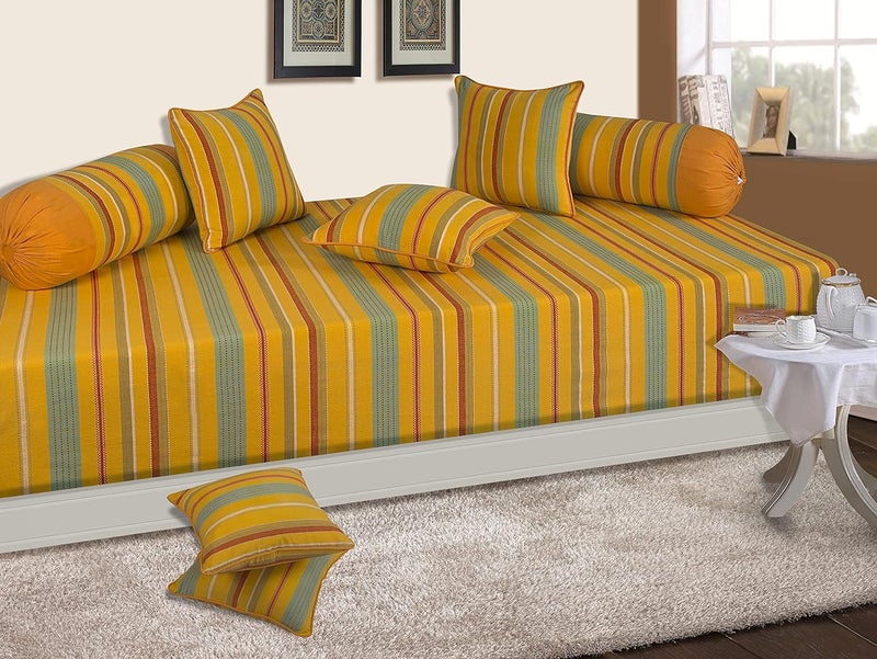 SHADES OF LIFE SHADES OF LIFE Cotton Yellow Bliss Designer Diwan Set with 1 Bedsheet 3 Cushion Covers and 2 Bolsters Covers for Living Room 60 90 Inch Yellow 6 Pieces  - Image 5