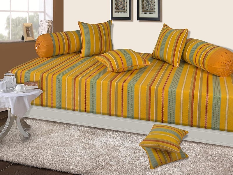 SHADES OF LIFE SHADES OF LIFE Cotton Yellow Bliss Designer Diwan Set with 1 Bedsheet 3 Cushion Covers and 2 Bolsters Covers for Living Room 60 90 Inch Yellow 6 Pieces  - Image 3