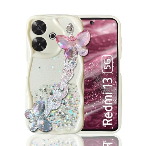 KC Back Cover for Redmi 13 5G / Poco M6 Plus 5G - Crystal Butterfly Wrist Bracelet Dry Fixed Glitter Curly Wave Shape Shockproof Soft Silicone Case with Camera Protection (White) - Image 1
