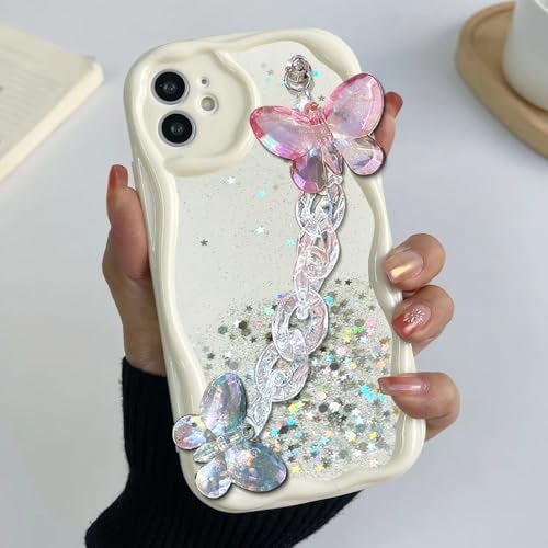 KC Back Cover for Redmi 13 5G / Poco M6 Plus 5G - Crystal Butterfly Wrist Bracelet Dry Fixed Glitter Curly Wave Shape Shockproof Soft Silicone Case with Camera Protection (White) - Image 3