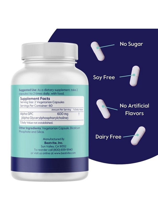 BESTVITE BESTVITE Alpha GPC Choline 600mg Per Serving (120 Veggie Capsules) - No Stearates - Vegan - Non GMO - Gluten Free - Image 3