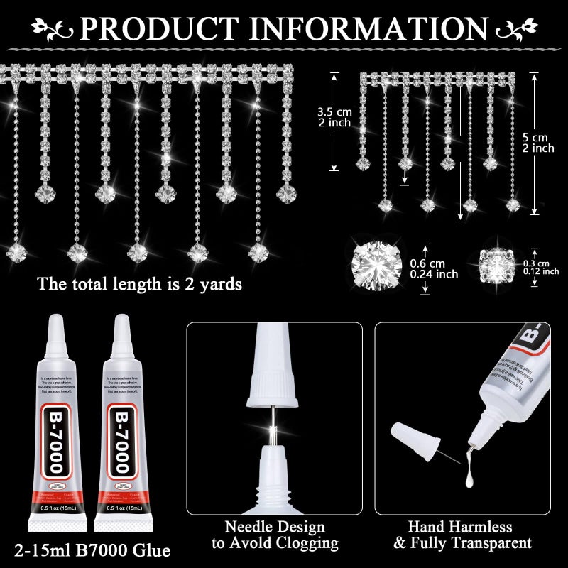 Tetutor 2 Yard Rhinestone Trim Fringe with B7000 Glue, Irregular Rhinestone Fringe Belt Rhinestones Tassel, Sparkle Diamond Fringes Rhinestones Ribbon Tassel Chain for DIY Clothing Wedding Decoration - Image 2
