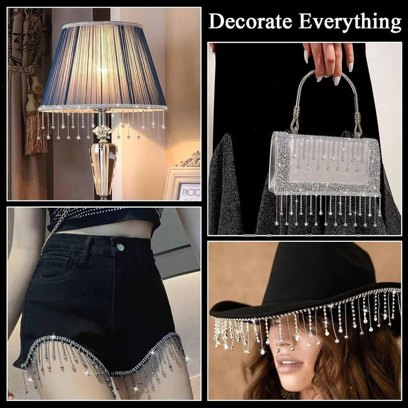 Tetutor 2 Yard Rhinestone Trim Fringe with B7000 Glue, Irregular Rhinestone Fringe Belt Rhinestones Tassel, Sparkle Diamond Fringes Rhinestones Ribbon Tassel Chain for DIY Clothing Wedding Decoration - Image 3