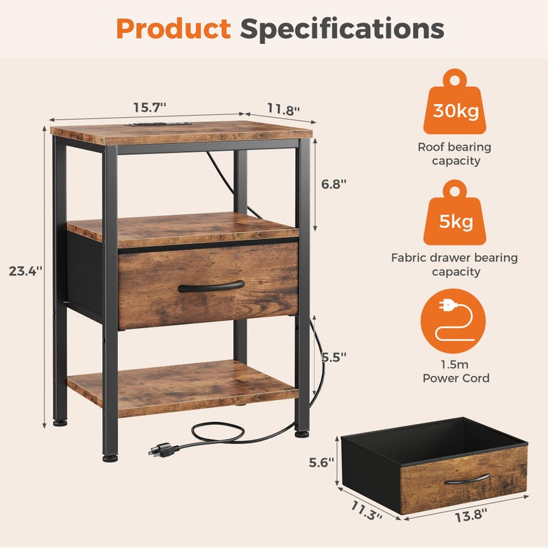 DUMOS Bedside Table with Charging Station and Adjustable Fabric Drawer Compact Nightstand 3-Tier Storage Organizer End Table for Bedroom,Brown - Image 2