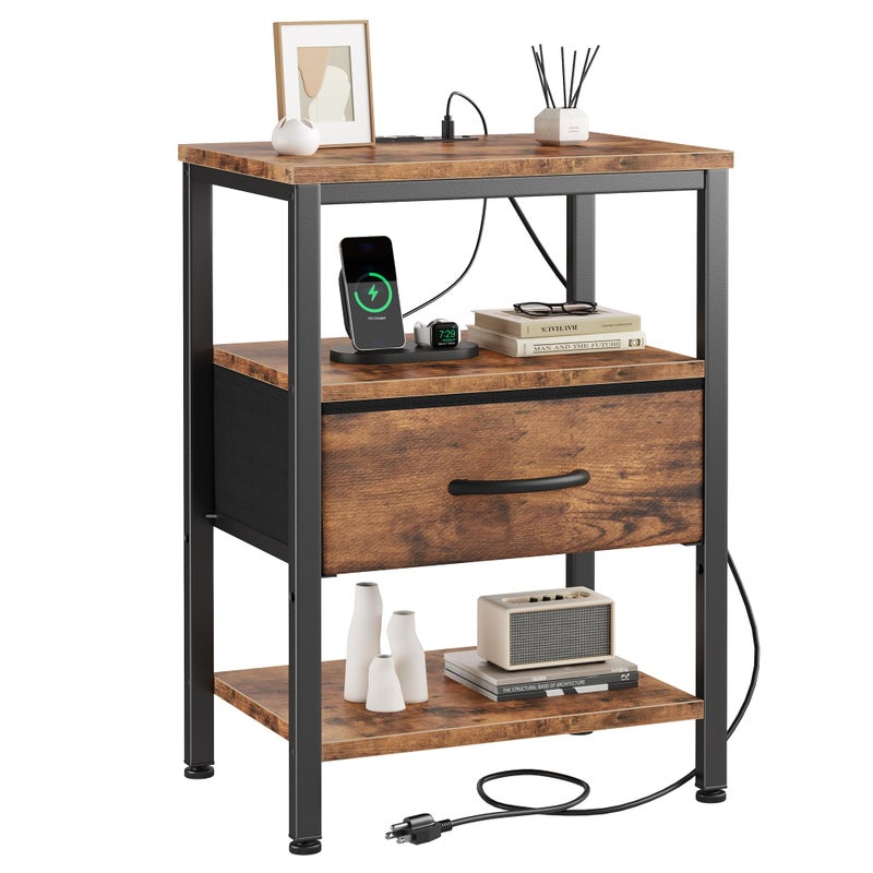 DUMOS Bedside Table with Charging Station and Adjustable Fabric Drawer Compact Nightstand 3-Tier Storage Organizer End Table for Bedroom,Brown - Image 1