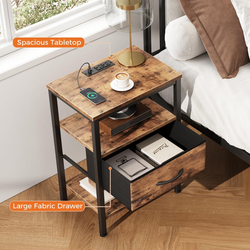 DUMOS Bedside Table with Charging Station and Adjustable Fabric Drawer Compact Nightstand 3-Tier Storage Organizer End Table for Bedroom,Brown - Image 3
