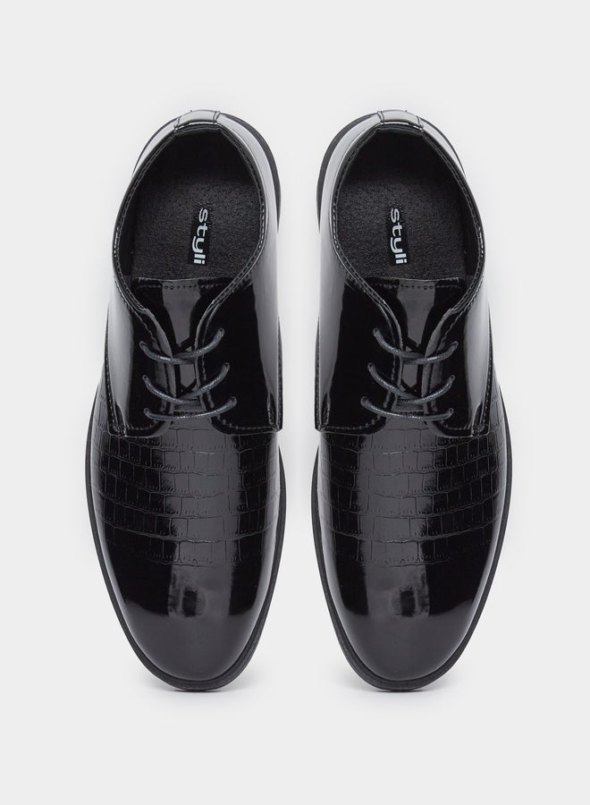 Styli Black Patent Textured Oxford Shoes - Image 5
