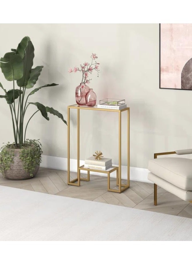 LINGWEI Metal Console Table with Clear Glass Shelf Sofa Side Table End Table Gold 55.9x74.9x20.3cm  - Image 1