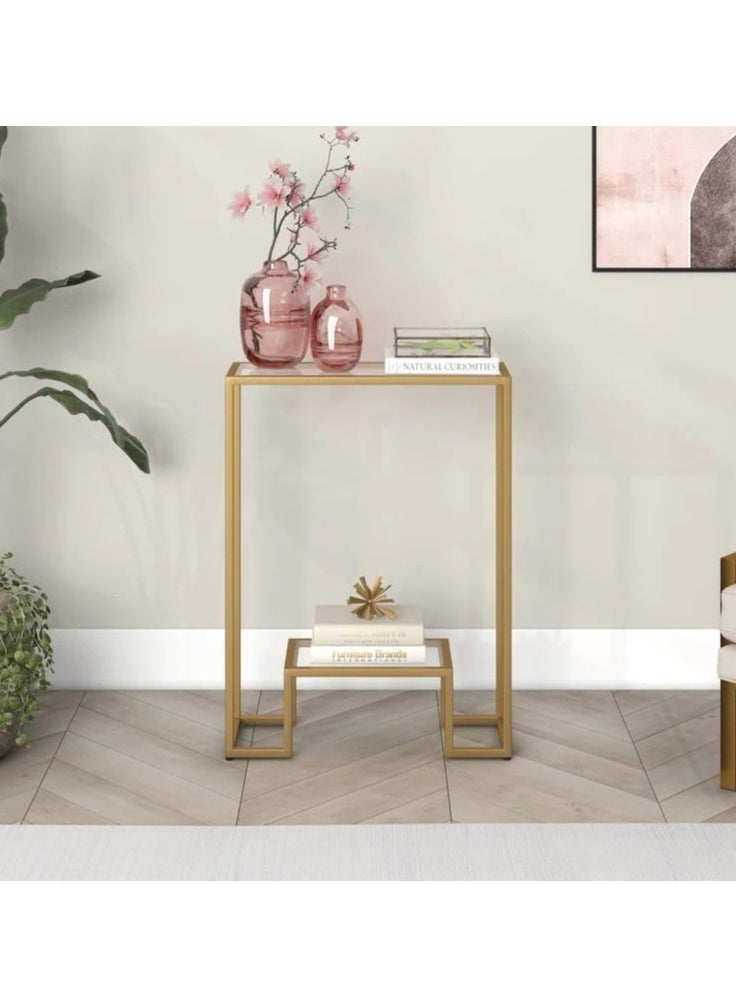 LINGWEI Metal Console Table with Clear Glass Shelf Sofa Side Table End Table Gold 55.9x74.9x20.3cm  - Image 2