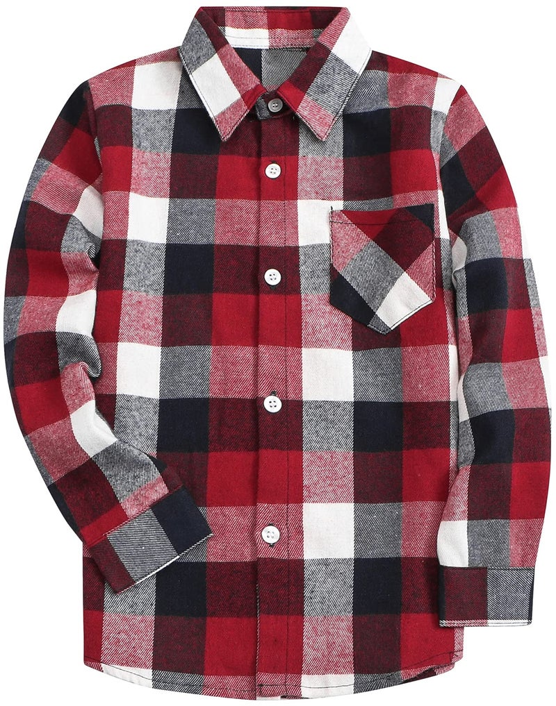 SANGTREE Boys Plaid Shirts Long Sleeve Button Down Flannel Shirt Tops Red White Navy, 12-13 Years = Tag 180 - Image 1