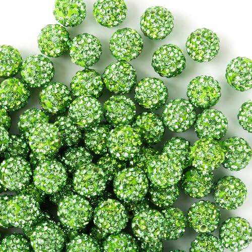 Jukercici 10mm Clay Rhinestone Beads for Bracelets 100 Pcs Sparkle Crystal Beads for Jewelry Making Glitter Round Shamballa Disco Ball Design for DIY Crafts Necklace Earrings Decoration Light Green - Image 1