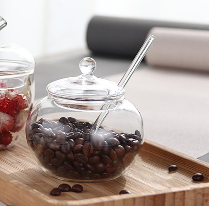 123Arts Clear Glass Sugar Bowls Storage Jars with Lid and Sugar Serving Spoons, Set of 2 - Image 4