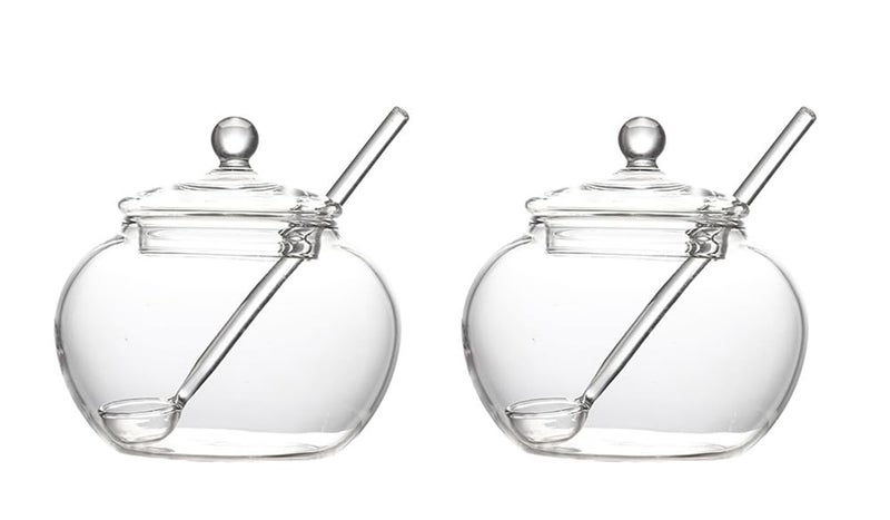 123Arts Clear Glass Sugar Bowls Storage Jars with Lid and Sugar Serving Spoons, Set of 2 - Image 1