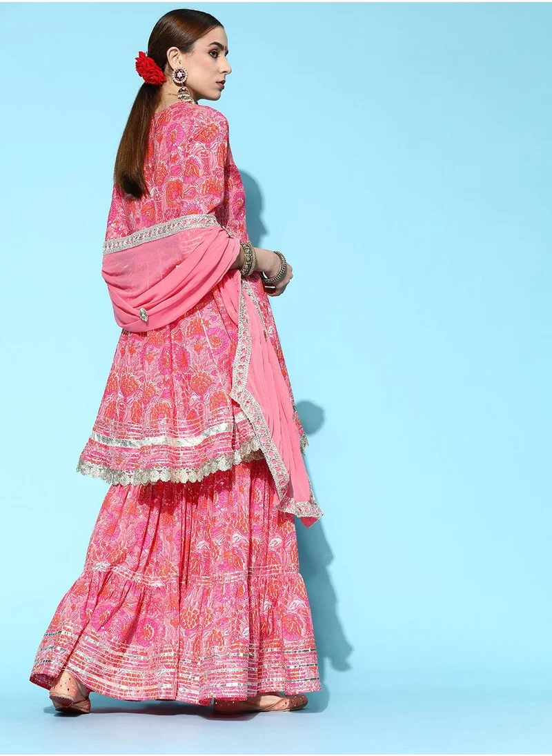 ISHIN Women's Pink 100% Cotton Self Design Full Length Palazzo Kurta Set
