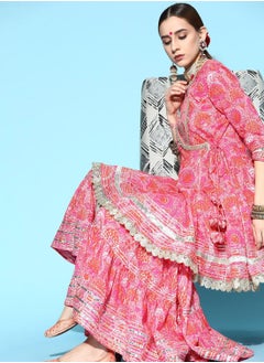 Women's Pink 100% Cotton Self Design Full Length Palazzo Kurta Set