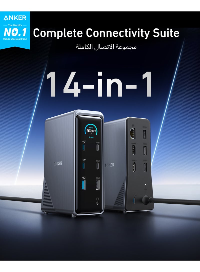 Anker Prime Charging Docking Station, 14-Port with 160W Max Output and Built-In GaN AC-DC Power, 10Gbps Data Transfers, Real-Time Smart Interface, Dual 4K Displays for MacBook, Dell, Phones, and More - Image 2