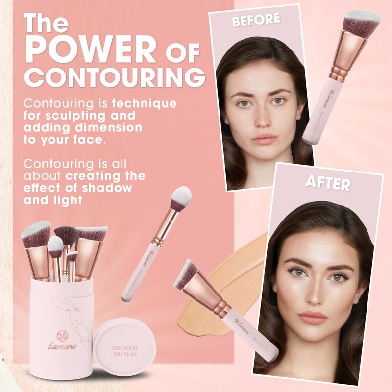 Lamora Pro Face Contour Brush Set - Synthetic Contouring Sculpting and Highlighting Kit - Cream Blush Powder Flat Nose Cheek Round Small Angled Fan Tapered Precision Kabuki Foundation Makeup Brushes - Image 2